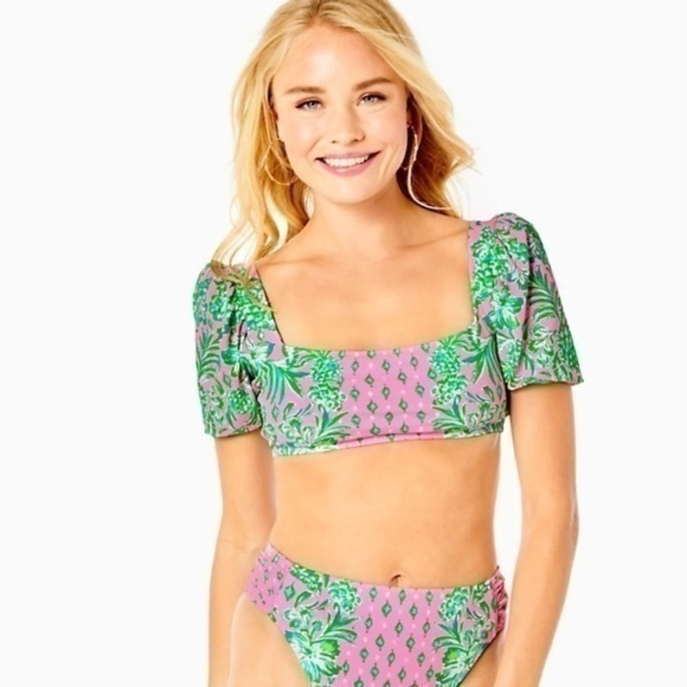 Lilly Pulitzer Ressina Pink Green Floral Square Neck Puff Sleeve Bikini Swim Top